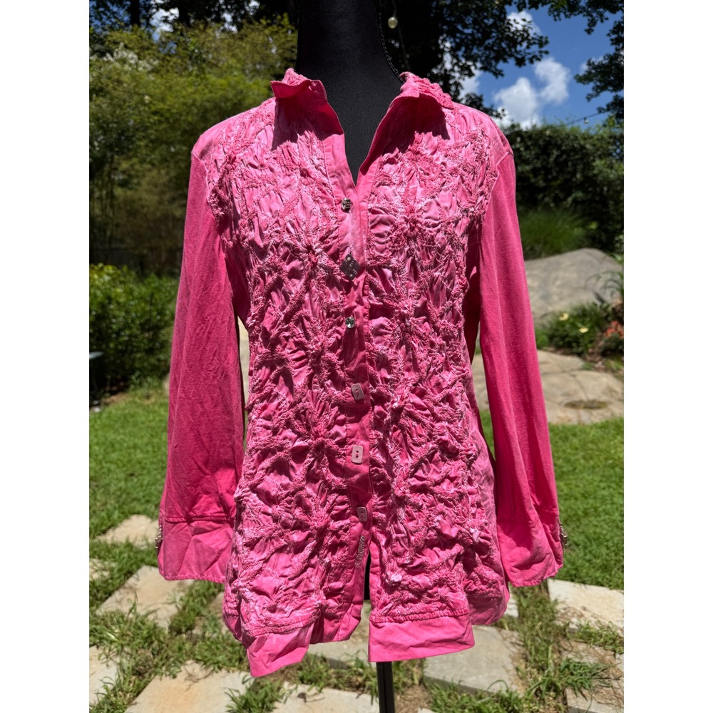 Dismero Pink Textured Smocked Button Front Shirt Made in Italy Womens XL